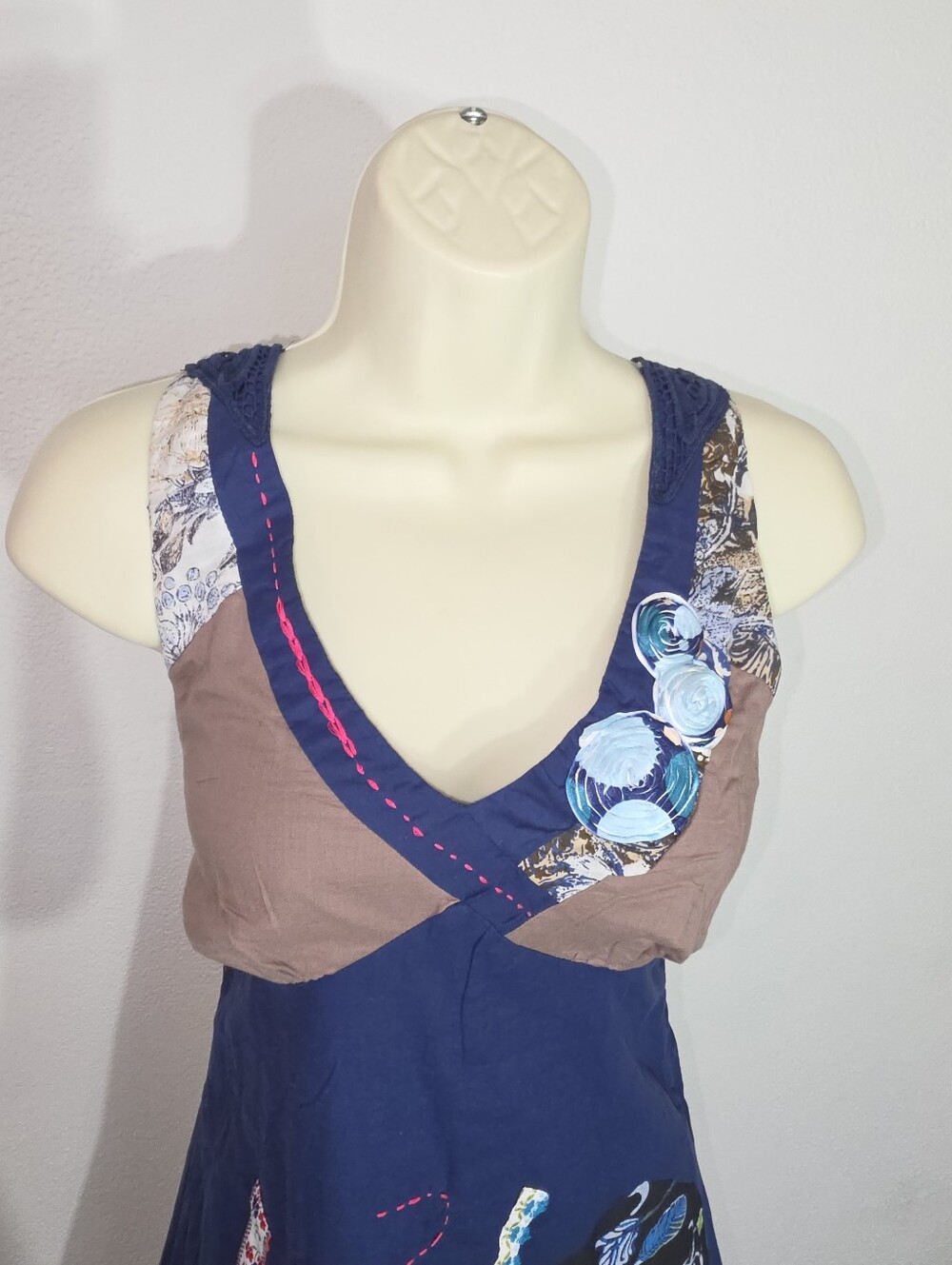 Toi Et Moi Dress Floral Embroidered Sleeveless Boho Patchwork Blue Size S - Picture 6 of 13
